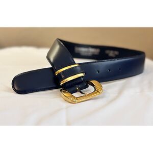 Vintage Jacqueline Ferrar Navy Blue Leather Belt Made in Italy Gold Buckle Small